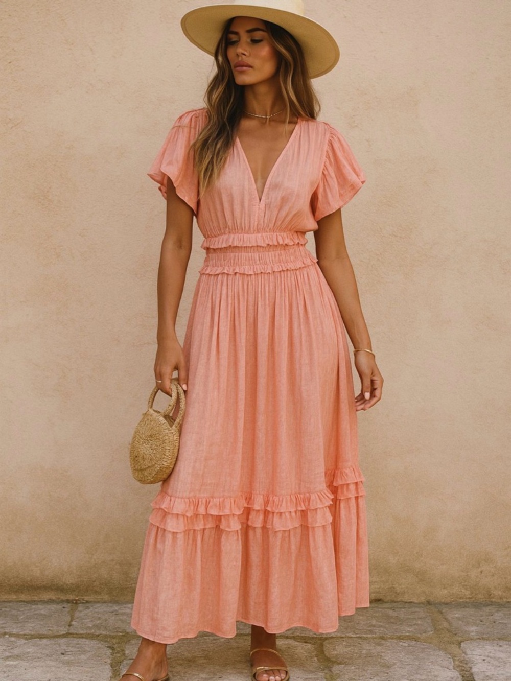 V-Neck Alba Peach Maxi Dress with Smocked Waist